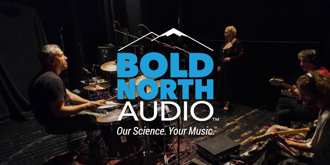 Studio Musicians playing music behind Bold North Audio logo