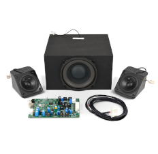 A MISCO OEM 2.1 channel audio system with amplifier and cables.